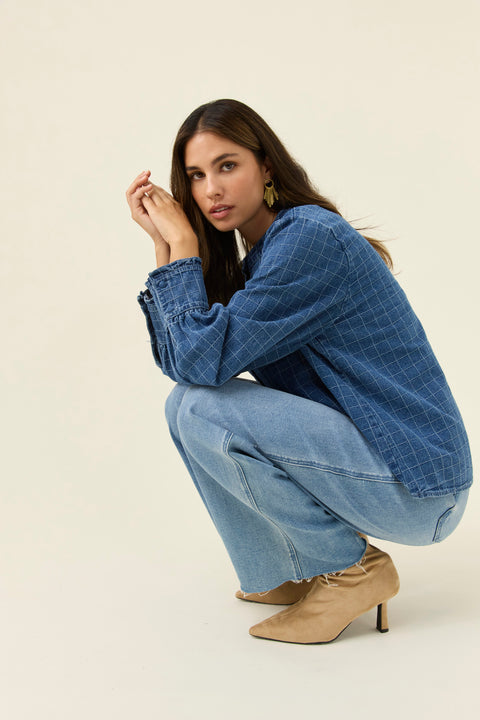 Sloane Denim Frill Shirt - Willow Collective Mudgee